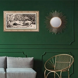 «The Unknown» в интерьере классической гостиной с зеленой стеной над диваном