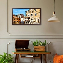 «Улица в Тоскане #7» в интерьере комнаты в стиле ретро с проигрывателем виниловых пластинок