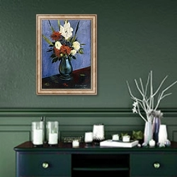 «Vase of Flowers with Gladiola and Dahlias; Blumenvase mit Gladiolen und Dahlien,» в интерьере прихожей в зеленых тонах над комодом