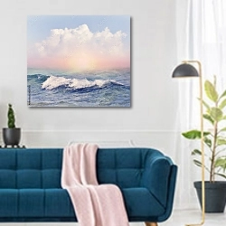 «Розовый туман над морем» в интерьере современной гостиной над синим диваном