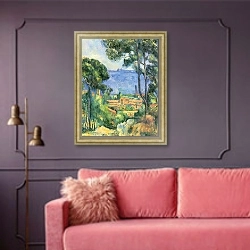 «Вид на Эстак и шато д' Иф (море в окрестностях Эстака)» в интерьере гостиной с розовым диваном