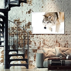 «Крадущийся волк» в интерьере двухярусной гостиной в стиле лофт с кирпичной стеной