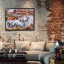 «Автомобили в искусстве 13» в интерьере гостиной в стиле лофт с кирпичной стеной
