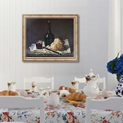 «Натюрморт с бутылкой, стаканом и хлебом» в интерьере кухни в стиле прованс над столом с завтраком