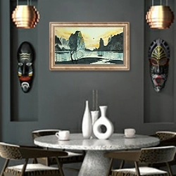 «Китайские горы и лодка на озере» в интерьере в этническом стиле над столом