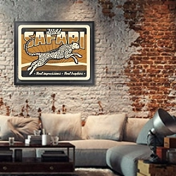 «Сафари, ретро плапкат с гепардом» в интерьере гостиной в стиле лофт с кирпичной стеной