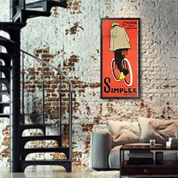 «A poster advertising Simplex Amsterdam bicycles, 1907» в интерьере двухярусной гостиной в стиле лофт с кирпичной стеной