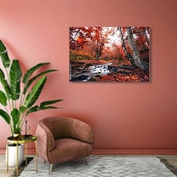 «Водопад в осеннем лесу» в интерьере современной гостиной в розовых тонах