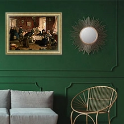 «In the Monastery Guesthouse» в интерьере классической гостиной с зеленой стеной над диваном