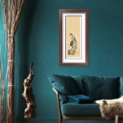 «Masterpieces selected from the Ukiyoyé School, Pl.26» в интерьере зеленой гостиной в этническом стиле над диваном
