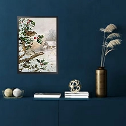 «Wren in Hollybush by a cottage» в интерьере в классическом стиле в синих тонах