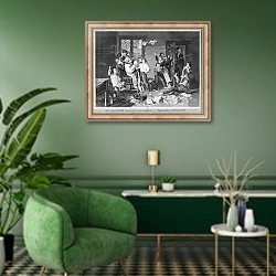 «Scene of disorder at school» в интерьере гостиной в зеленых тонах