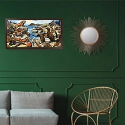 «Unidentified lizards, birds, crabs and creatures on a rocky shoreline» в интерьере классической гостиной с зеленой стеной над диваном