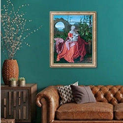 «Дева Мария с младенцем 14» в интерьере гостиной с зеленой стеной над диваном