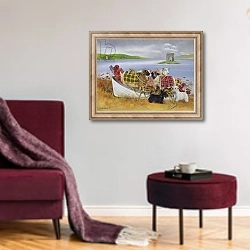 «Sheep with Tartan, 1999» в интерьере гостиной в бордовых тонах