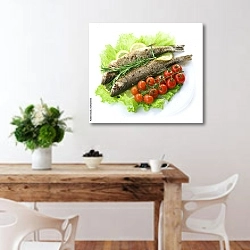 «Жареная рыбка с веточкой томатов черри» в интерьере кухни с деревянным столом