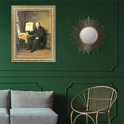 «Учитель рисования. 1867» в интерьере классической гостиной с зеленой стеной над диваном