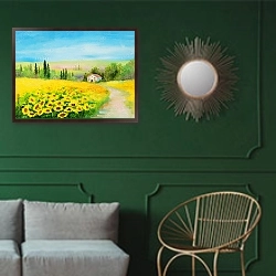 «Поле подсолнухов» в интерьере классической гостиной с зеленой стеной над диваном