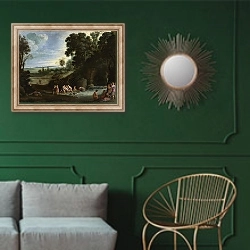 «Диана и Калисто 2» в интерьере классической гостиной с зеленой стеной над диваном