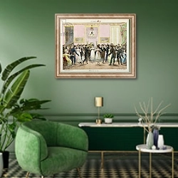 «A Society Ball, engraved by Charles Etienne Pierre Motte 1819» в интерьере гостиной в зеленых тонах