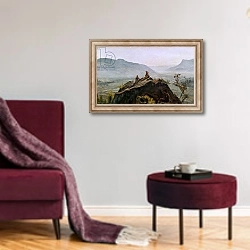 «View of the Adige Valley, 1831» в интерьере гостиной в бордовых тонах