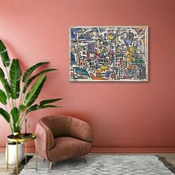 «New York City; Bird’s Eye View» в интерьере современной гостиной в розовых тонах