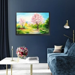 «Вишневые деревья» в интерьере в классическом стиле в синих тонах