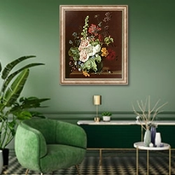 «Hollyhocks and Other Flowers in a Vase, 1702-20» в интерьере гостиной в зеленых тонах
