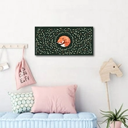 «Маленькая спящая лиса, окруженная опавшими листьями и ягодами» в интерьере детской комнаты для девочки в пастельных тонах