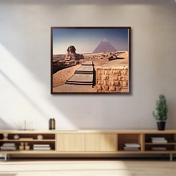 «Египет. Пирамиды Гизы. Сфинкс и пирамида Хефрена» в интерьере современной светлой гостиной над диваном