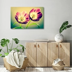 «Два тюльпана и солнце» в интерьере современной комнаты над комодом