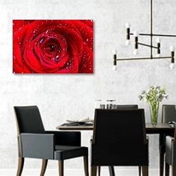 «Капли на красной розе №3» в интерьере современной столовой с черными креслами