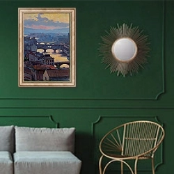 «Sunset over Arno» в интерьере классической гостиной с зеленой стеной над диваном