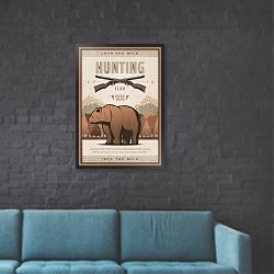 «Охотничий клуб, ретро плакат» в интерьере в стиле лофт с черной кирпичной стеной