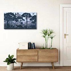 «Джунгли с ягуаром, обезьяной, попугаем, туканом, анакондой и кабаном» в интерьере современной прихожей над тумбой