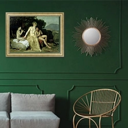 «Apollo with Hyacinthus and Cyparissus Singing and Playing, 1831-34» в интерьере классической гостиной с зеленой стеной над диваном