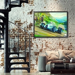 «Автомобили в искусстве 65» в интерьере двухярусной гостиной в стиле лофт с кирпичной стеной