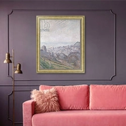 «Hastings: Mist, Sun and Smoke, 1918» в интерьере гостиной с розовым диваном