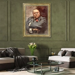 «Портрет Николая Дмитриевича Чичагова» в интерьере гостиной в оливковых тонах