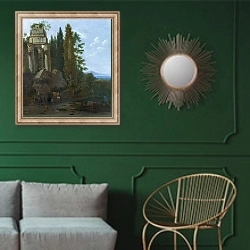 «Пейзаж с руинами» в интерьере классической гостиной с зеленой стеной над диваном