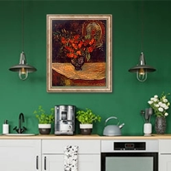 «Bouquet, 1884» в интерьере кухни с зелеными стенами