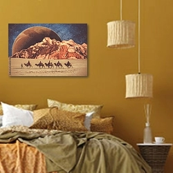 «Люди верхом на верблюдах в пустыне на другой планете во Вселенной» в интерьере спальни  в этническом стиле в желтых тонах