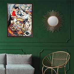 «Evans the Death & Mr Waldo dream their own dreams, 2005» в интерьере классической гостиной с зеленой стеной над диваном