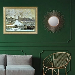 «The Watering Place at Marly-le-Roi, 1875» в интерьере классической гостиной с зеленой стеной над диваном