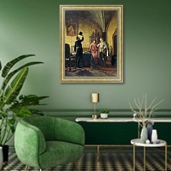 «Присяга Лжедмитрия I польскому королю Сигизмунду III на введение в России католицизма» в интерьере гостиной в зеленых тонах
