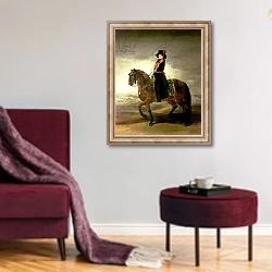 «Equestrian portrait of Queen Maria Luisa, wife of King Charles IV of Spain, 1799» в интерьере гостиной в бордовых тонах