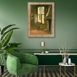 «Woman at a Window, 1654» в интерьере гостиной в зеленых тонах