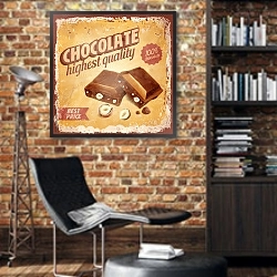 «Шоколад с орехами, ретро плакат» в интерьере кабинета в стиле лофт с кирпичными стенами