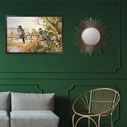 «Red-footed Falcons» в интерьере классической гостиной с зеленой стеной над диваном