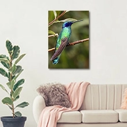 «Красочная птичка колибри на ветке» в интерьере современной светлой гостиной над диваном